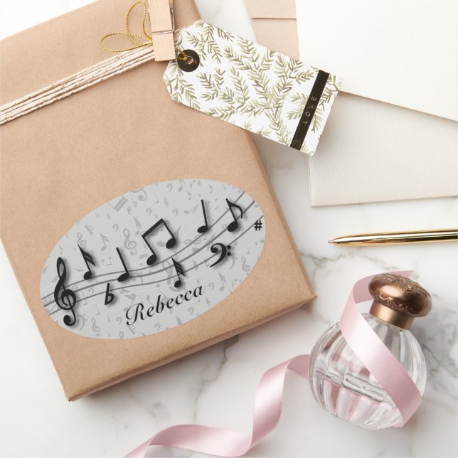 Personalisierte Schwarz- und Graumusikalische Note Ovaler Aufkleber (Schenken)
