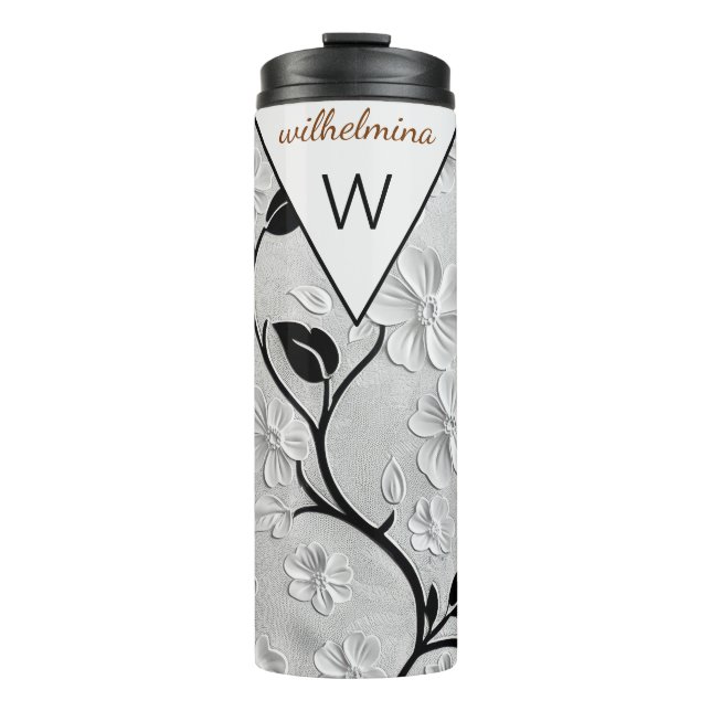 Personalisierte Schwarz-Weiß-Florals Thermosbecher (Vorderseite)