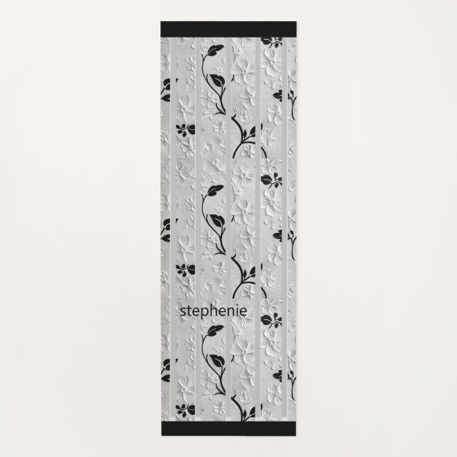 Personalisierte Schwarz-Weiß-Florals Yogamatte (Vorderseite)