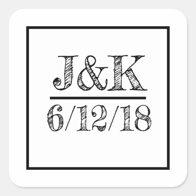 Personalisierte Schwarz-Weiß-Hochzeitskleber Quadratischer Aufkleber (Vorderseite)