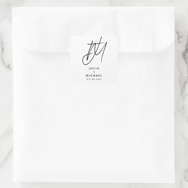 Personalisierte Schwarz-Weiß-Hochzeitsmonogramm Quadratischer Aufkleber (Tasche)