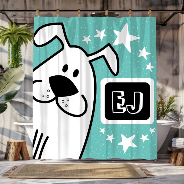 Personalisierte Schwarz-Weiß-Hunde Duschvorhang (Personalized Initials Black and White Dog Shower Curtain)