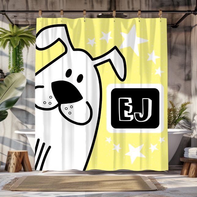 Personalisierte Schwarz-Weiß-Hunde Duschvorhang (Personalized Initials Black and White Dog Shower Curtain)