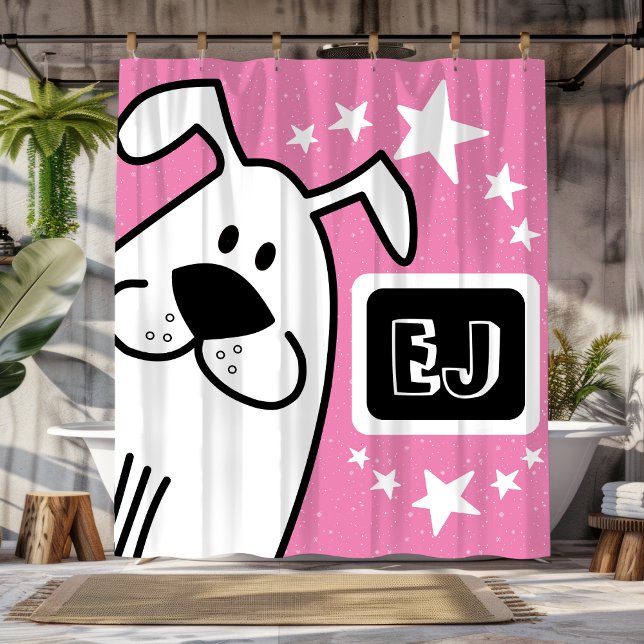 Personalisierte Schwarz-Weiß-Hunde Duschvorhang (Personalized Initials Black and White Dog Shower Curtain)