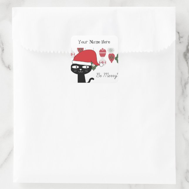 Personalisierte Schwarz-Weiß-Sei froh Katze Quadratischer Aufkleber (Tasche)
