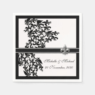 Personalisierte Schwarz-weiße Lilie Damask Style Serviette