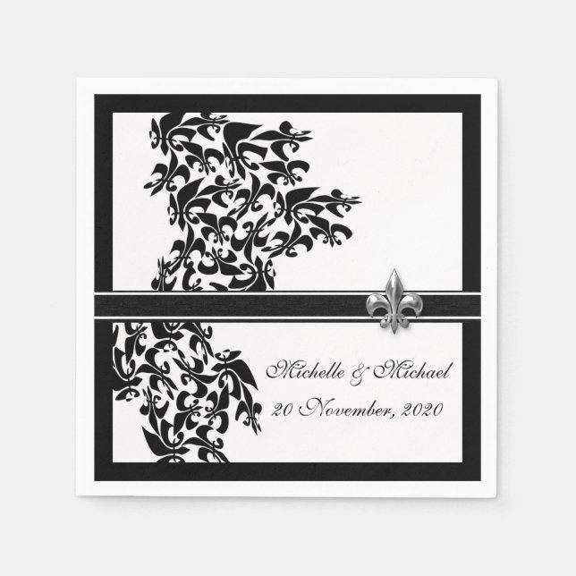 Personalisierte Schwarz-weiße Lilie Damask Style Serviette (Vorderseite)