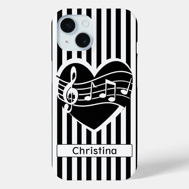 Personalisierte Schwarz-weiße Musiknoten Herz Case-Mate iPhone Hülle (Rückseite)