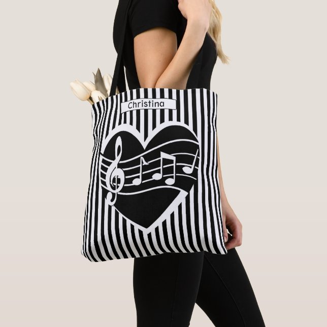 Personalisierte Schwarz-weiße Musiknoten Herz Tasche (Von Nahem)