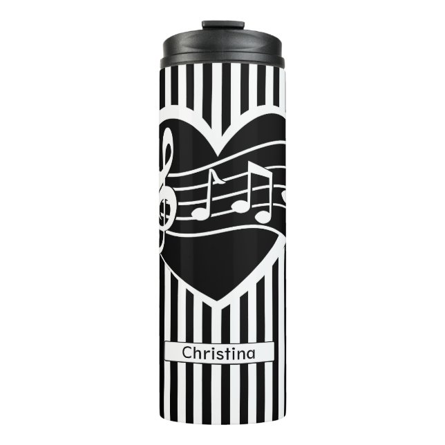 Personalisierte Schwarz-weiße Musiknoten Herz Thermosbecher (Vorderseite)