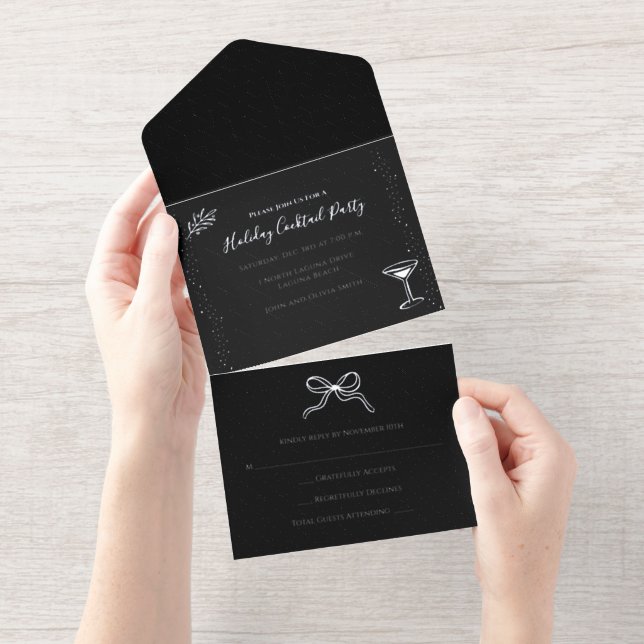 Personalisierte Schwarz-weiße Silver Holiday Party All-in-One-Einladung (Abreißstreifen)