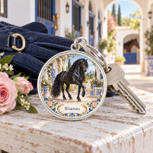 Personalisierte schwarze Andalusier-Pferd spanisch Schlüsselanhänger