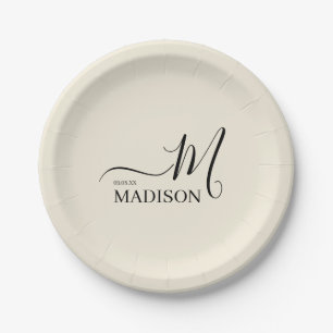 Personalisierte schwarze Beige Unterschrift Famili Pappteller