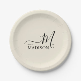 Personalisierte schwarze Beige Unterschrift Famili Pappteller