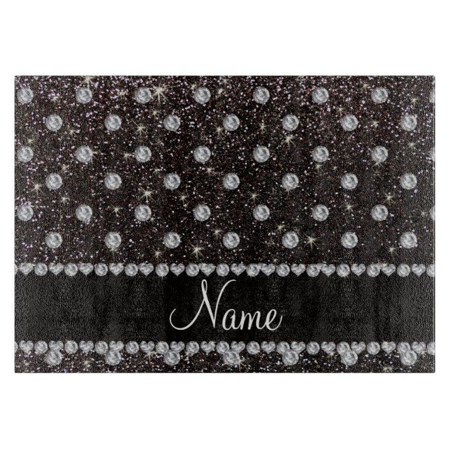 Personalisierte schwarze Glitternamensdiamanten Schneidebrett (Vorderseite)