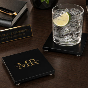 Personalisierte schwarze Gold-Monogramm-Executive- Glasuntersetzer
