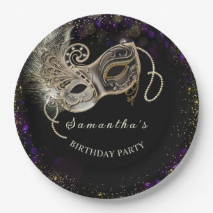Personalisierte schwarze goldene purpurne Maskenpa Pappteller