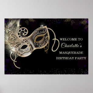 Personalisierte schwarze goldene purpurne Maskenpa Poster