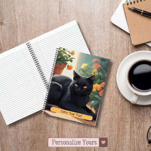 Personalisierte Schwarze Katze mit getöpften Blume Notizbuch
