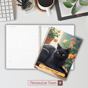 Personalisierte Schwarze Katze mit getöpften Blume Planer