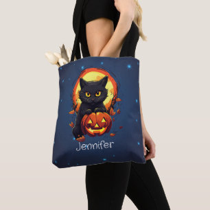 Personalisierte Schwarze Katze mit KürbisHalloween Tasche