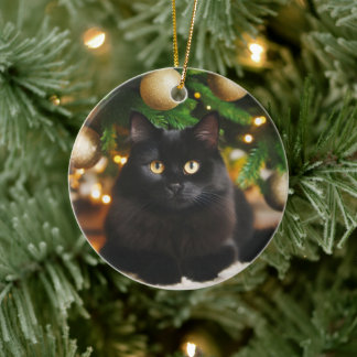 Personalisierte schwarze Katze vor Weihnachtsbaum Keramik Ornament
