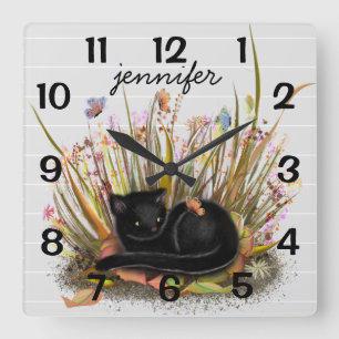 Personalisierte schwarze Katzenschmetterlinge Wall Quadratische Wanduhr