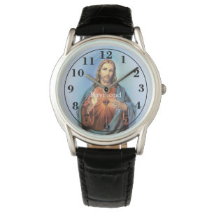 Personalisierte schwarze lederner Bügel-Uhr/Jesus Armbanduhr