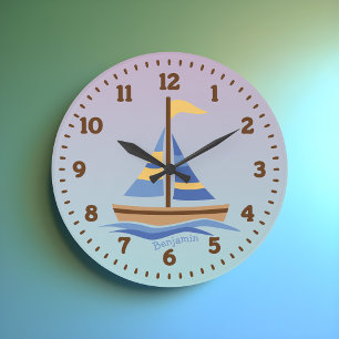 Personalisierte Segelboot-Wanduhr für Kinderzimmer Große Wanduhr