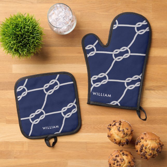 Personalisierte Seilbahn Nautic Navy Blue Ofenhandschuh & Topflappen-Set (Oben Unten)