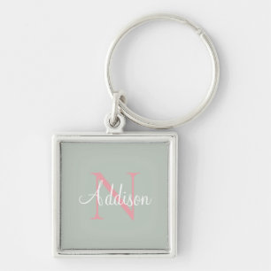 Personalisierte Seite Grünes Monogramm Pink Schlüsselanhänger