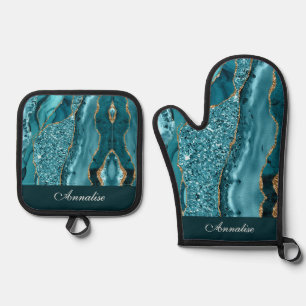 Personalisierte Sequin Aquamarin Blue Agate Ofenhandschuh & Topflappen-Set