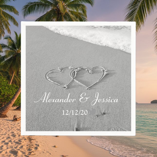Personalisierte Servietten | gezeichnet Herz im Sa (hearts in the sand napkins)