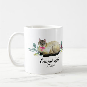 Personalisierte Siam-Katze Lila Blumen Weiß Kaffeetasse