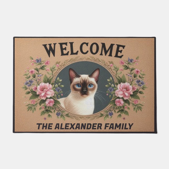 Personalisierte Siamkatze, florale Kitten Empfang Fußmatte (Vorderseite)