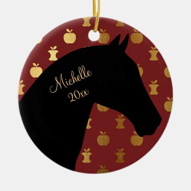 Personalisierte Silhouette Pferd ~ Rot, Goldener A Keramikornament (Vorne)