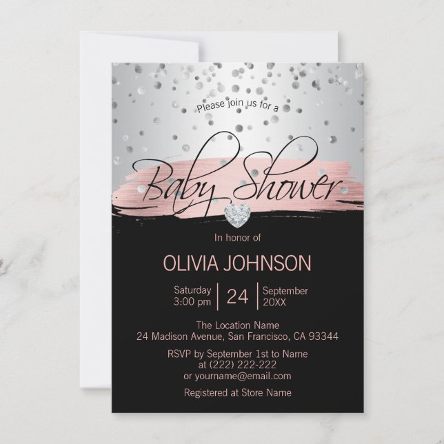 Personalisierte Silver Pink Black Girl Babydusche Einladung (Vorderseite)