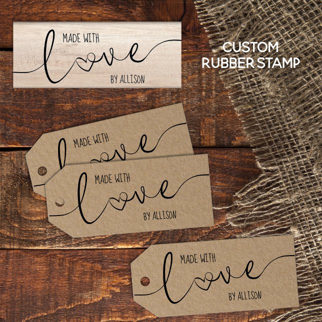 Personalisierte Skriptschrift mit Liebe Gummistempel (Personalized "Made With Love" rubber stamp for your homemade, hand-made gifts and products.)