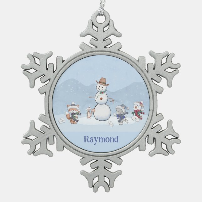 Personalisierte Snowball-Kämpfe Custom Snowman Ani Schneeflocken Zinn-Ornament (Vorderseite)