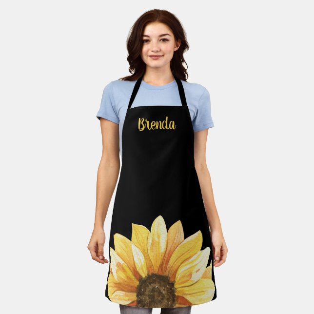 Personalisierte Sonnenblume auf Schwarz Schürze (Getragen)