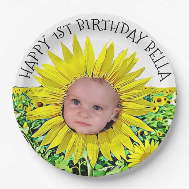 Personalisierte Sonnenblume-erster Pappteller (Vorderseite)