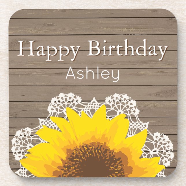 Personalisierte Sonnenblumen, Spitzen und Holz Getränkeuntersetzer (Vorderseite)