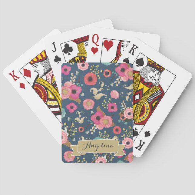 Personalisierte Spielkarten für Navy-Floral-Muster (Rückseite)