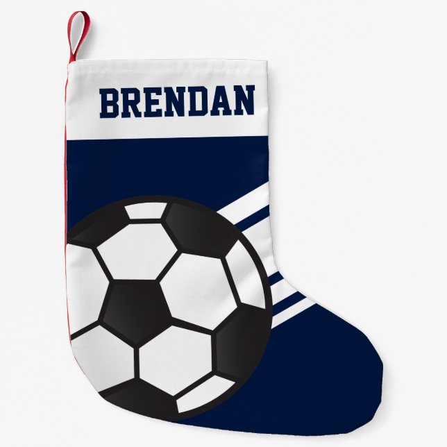 Personalisierte Sportsstreifen Soccer Ball Navy Bl Kleiner Weihnachtsstrumpf (Vorderseite)
