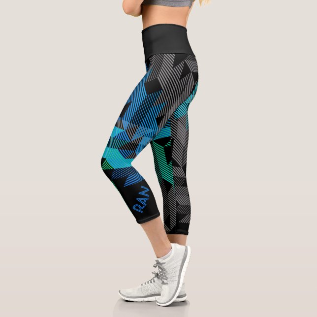 Personalisierte Sportstreifen in Blau und Aquamari Capri Leggings (Links)