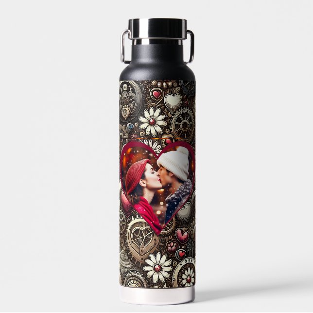 Personalisierte Steampunk-Herzen, Blume und Gears Trinkflasche (Vorne)
