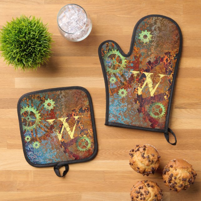 Personalisierte Steampunk-Uhrwerk Ofenhandschuh & Topflappen-Set (Oben Unten)