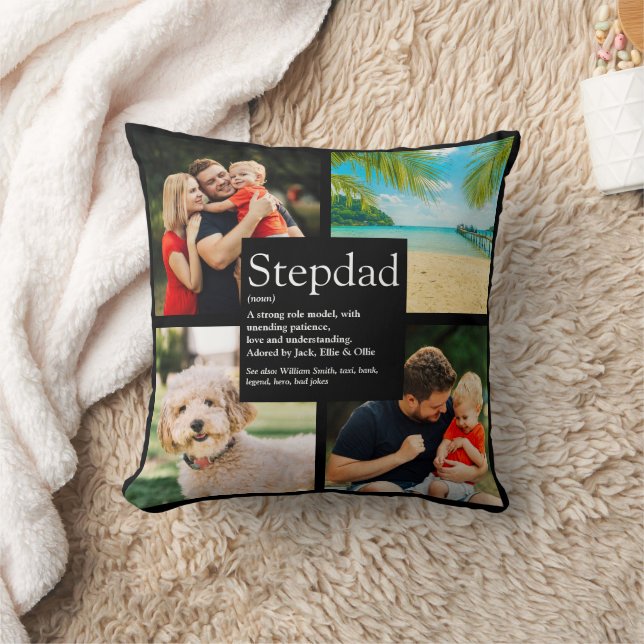 Personalisierte Stepdad Definition 4 Foto Schwarz Kissen (Decke)