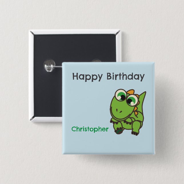 Personalisierte süße grüne Dinosaurier blaue Gebur Button (Vorne & Hinten)