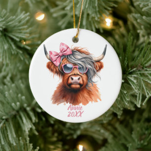 Personalisierte süße Kuh mit Schleife Keramik Ornament